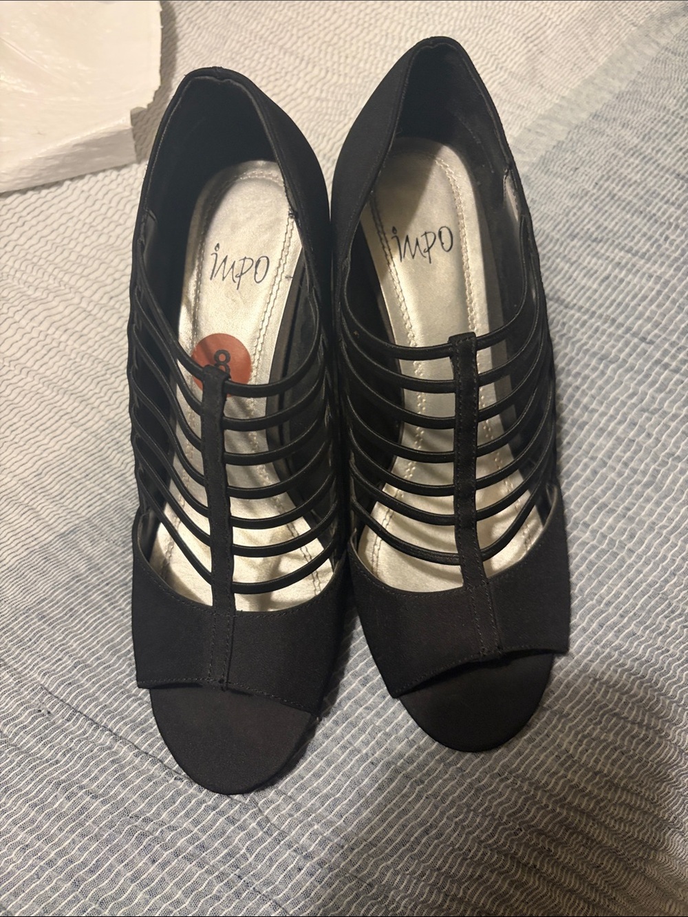 Impo Black Strappy Caged Peep-Toe Heels with Metallic Insole